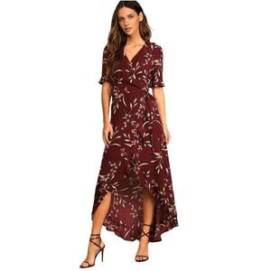 Lulus Wild Winds Burgundy Floral Print High Low Wrap Dress Size S